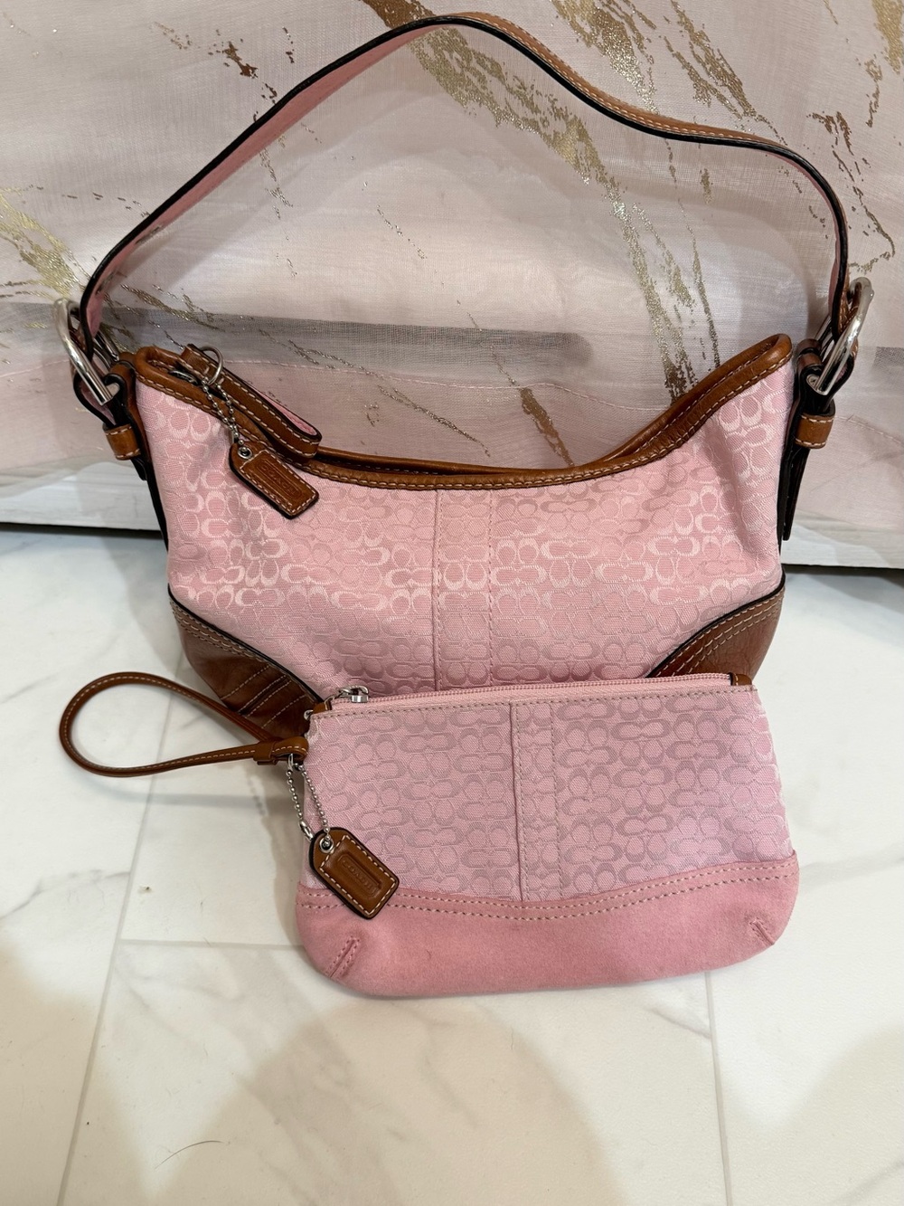 Coach Pink Signature Canvas Shoulder Bag with Matching Wristlet